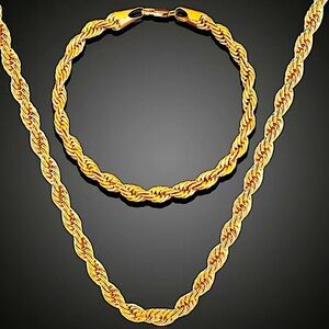 18K Gold Plated Rope Chain Link Necklace Matching Bracelet Set